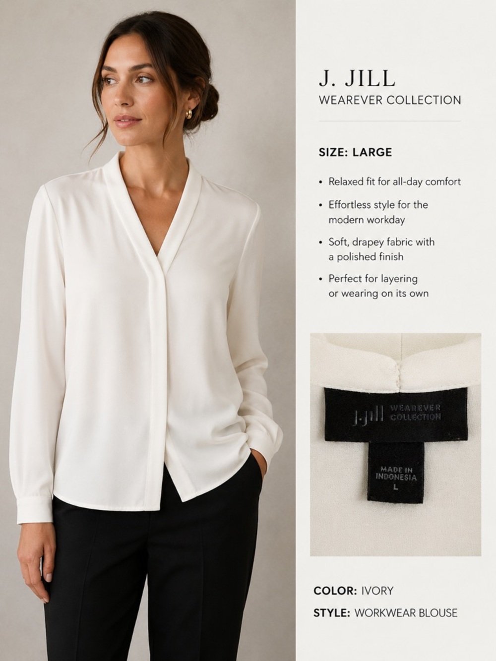 J Jill Wearever Ivory V Neck Workwear Blouse Large Minimalist Career Top